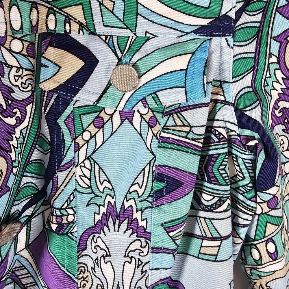 Chicos Jacket Womens Size 1 Med 8/10 Blue Hannalee Graphic Print Long Sleeve EUC